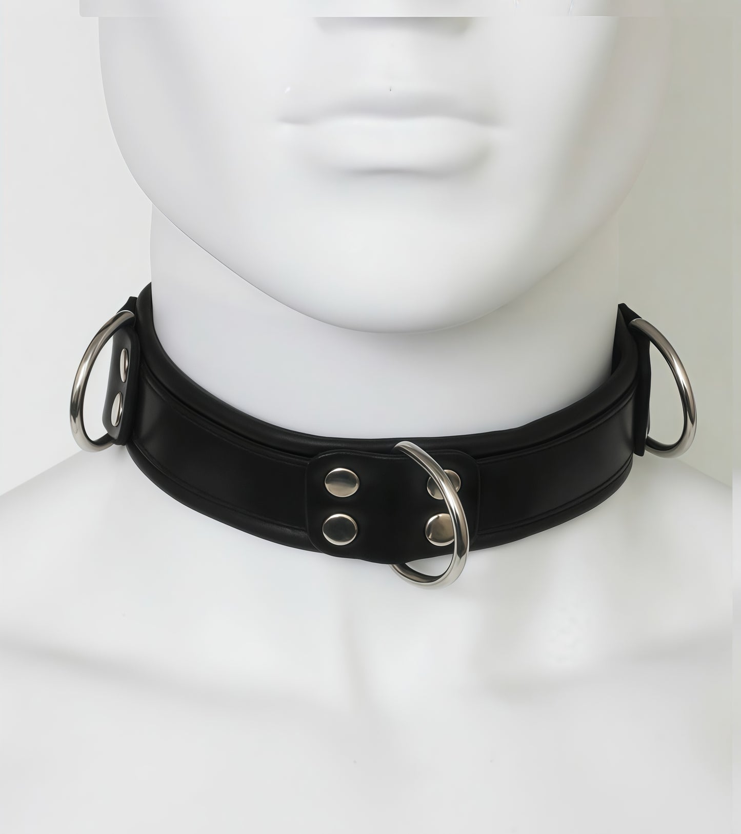 Deluxe Leather Bondage Collar – Black premium padded BDSM restraint collar with adjustable buckle and D-ring