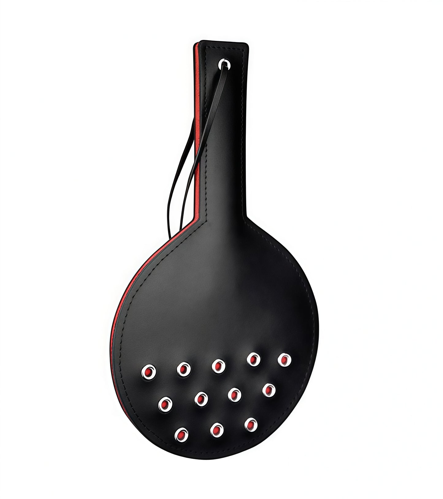 Studded Round Leather Paddle in red and black with metal studs