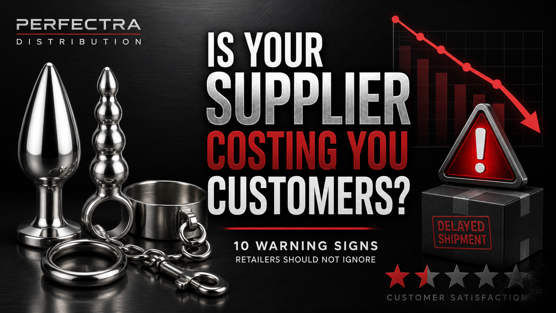 Signs your adult toy supplier is costing you customers with stainless steel products, warning icon, and declining sales graph