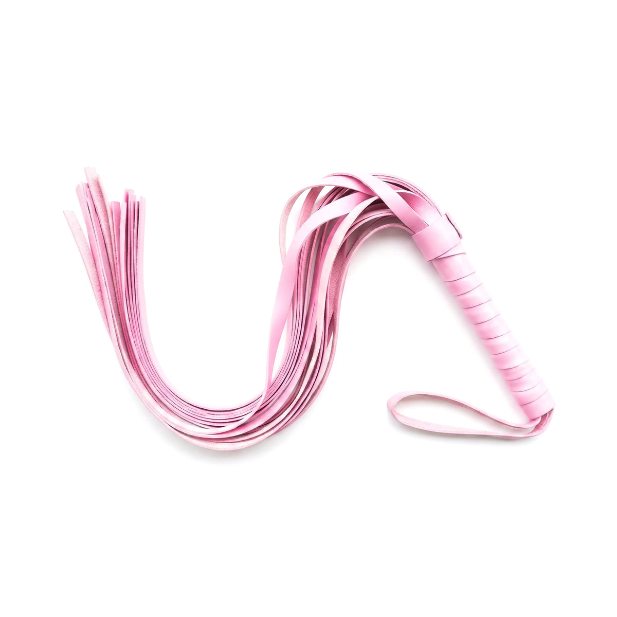 Baby Pink Leather Flogger with flexible leather tails for controlled BDSM impact play, discipline, domination, and roleplay.