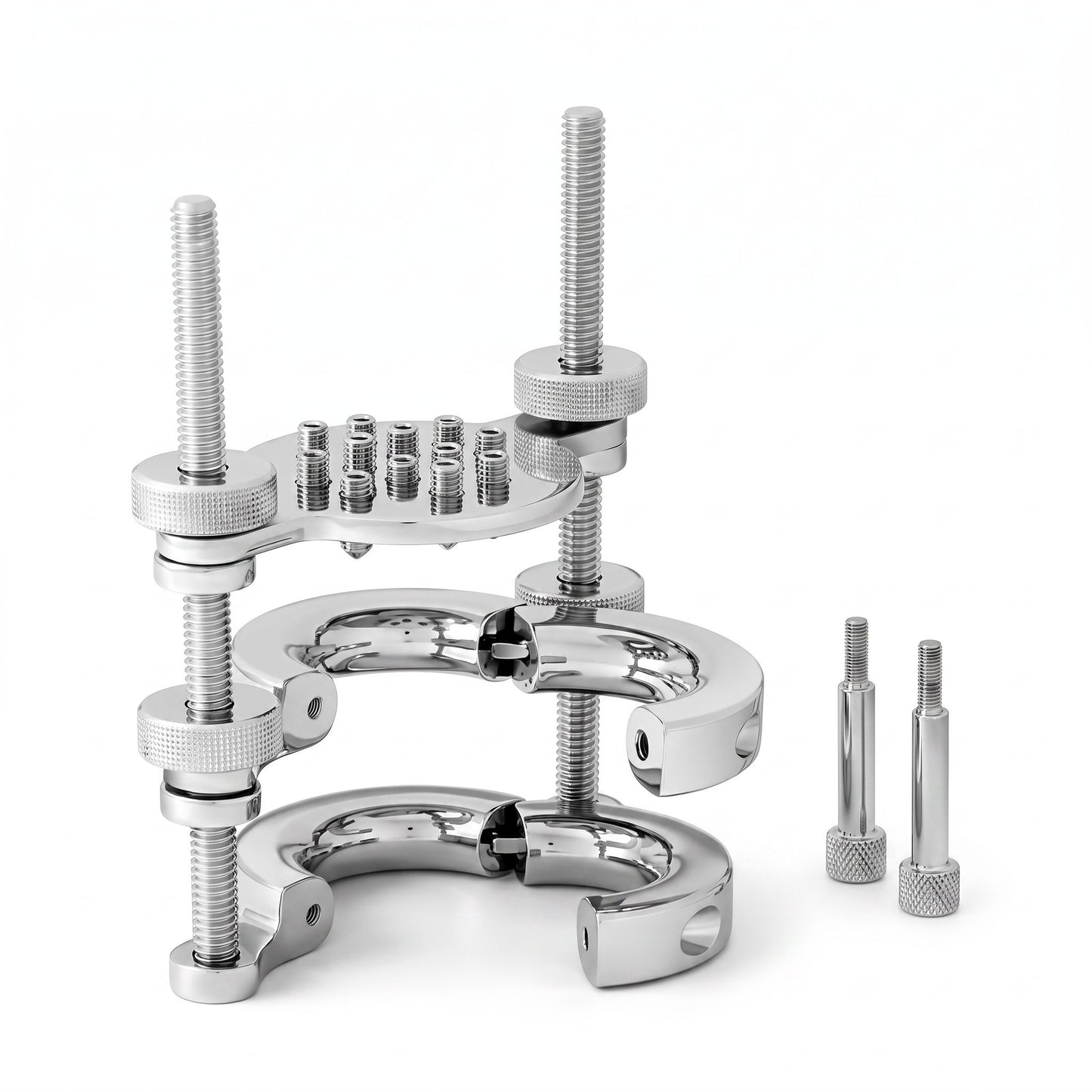 The CBT Ball Stretcher System with Spikes offers a high-quality, adjustable ball stretching solution. Made from durable Stainless Steel, this system incorporates hinged rings that open and close for easy application, secured with knurled nuts on threaded rods to slowly and powerfully separate the rings. 12 individually adjustable spikes enhance the experience, with a removable plate option to use the stretcher on its own. A key is included for adjustments, making it suitable for both beginners and professio
