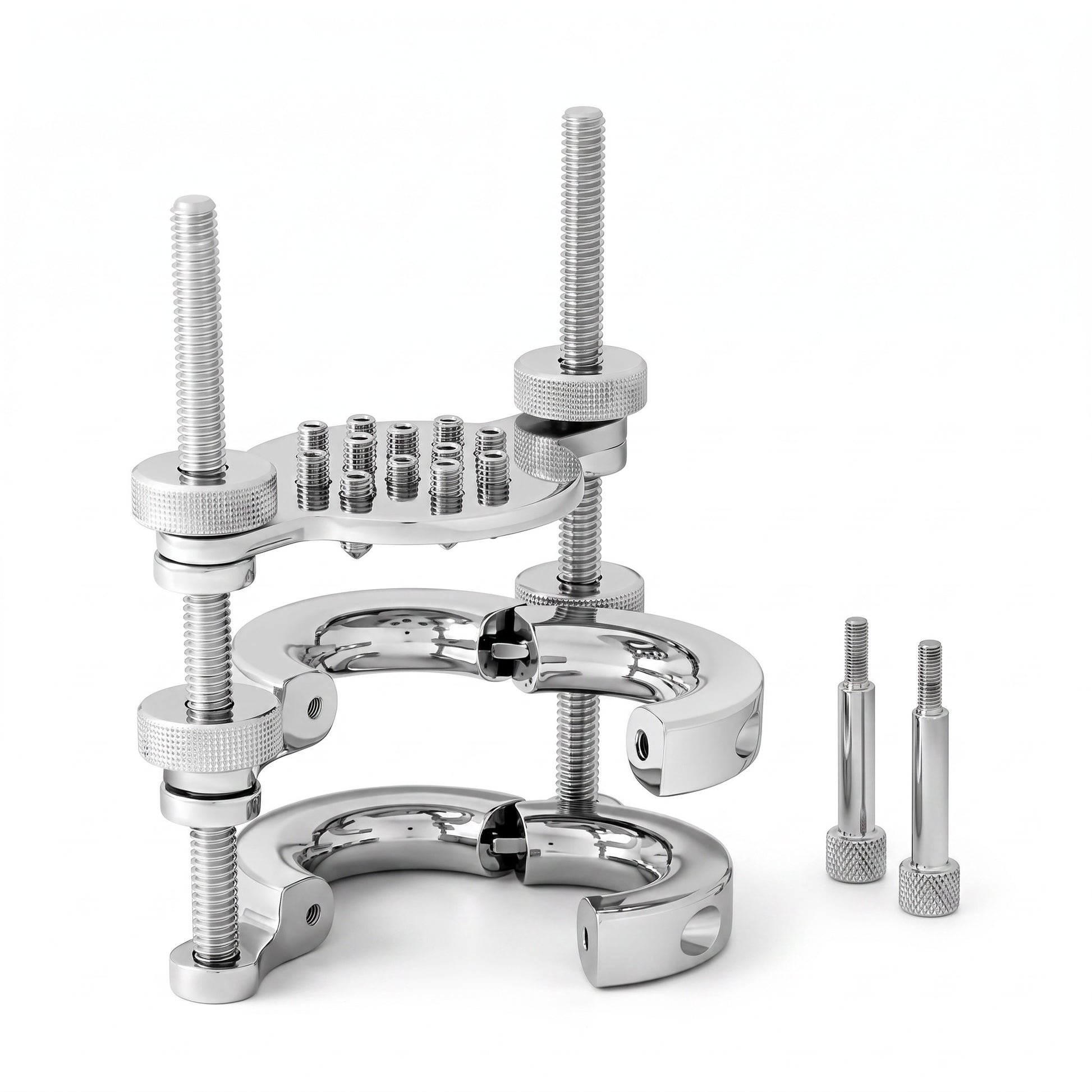The CBT Ball Stretcher System with Spikes offers a high-quality, adjustable ball stretching solution. Made from durable Stainless Steel, this system incorporates hinged rings that open and close for easy application, secured with knurled nuts on threaded rods to slowly and powerfully separate the rings. 12 individually adjustable spikes enhance the experience, with a removable plate option to use the stretcher on its own. A key is included for adjustments, making it suitable for both beginners and professio
