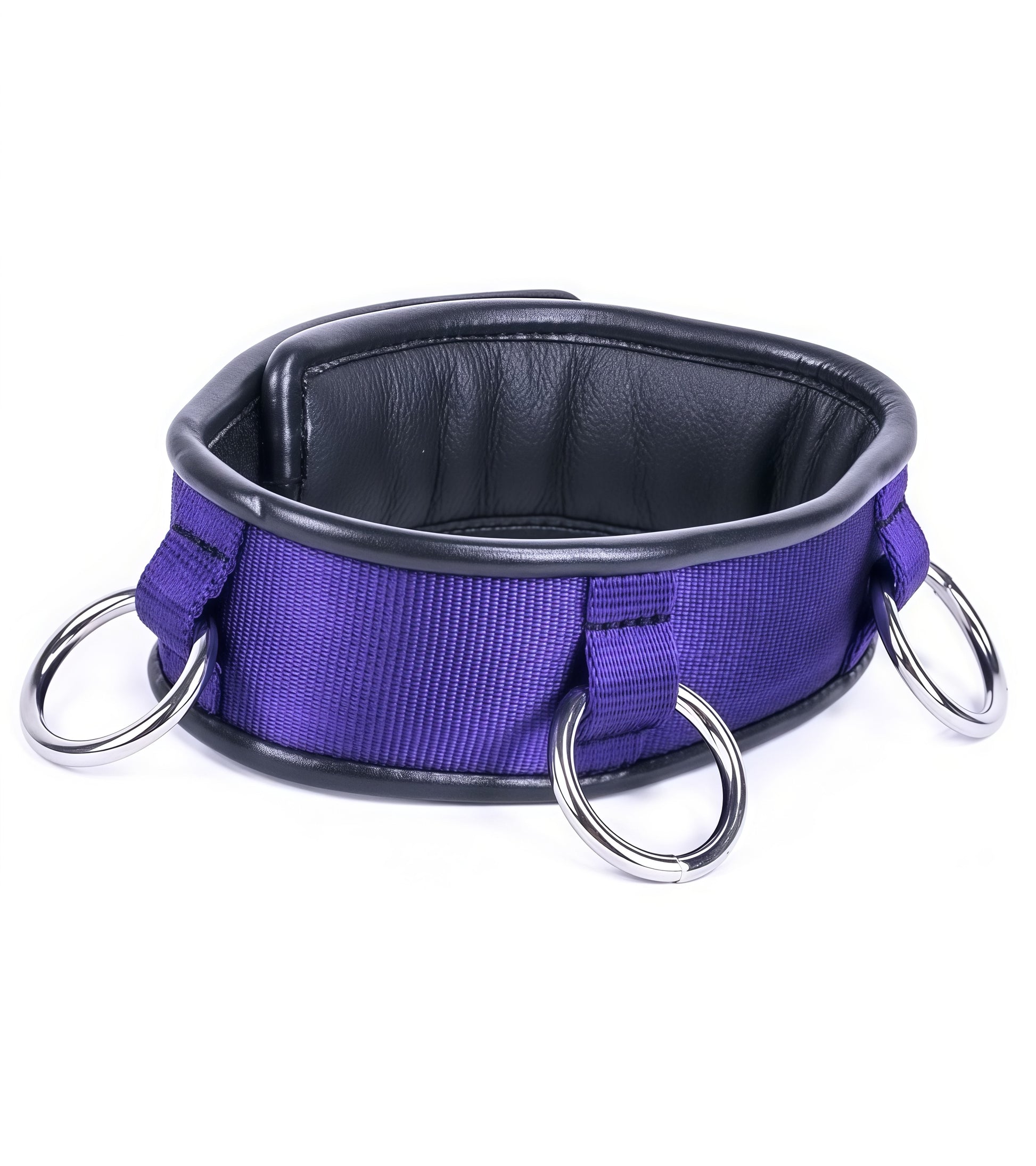 Deluxe purple bondage collar with three O-rings and padded interior