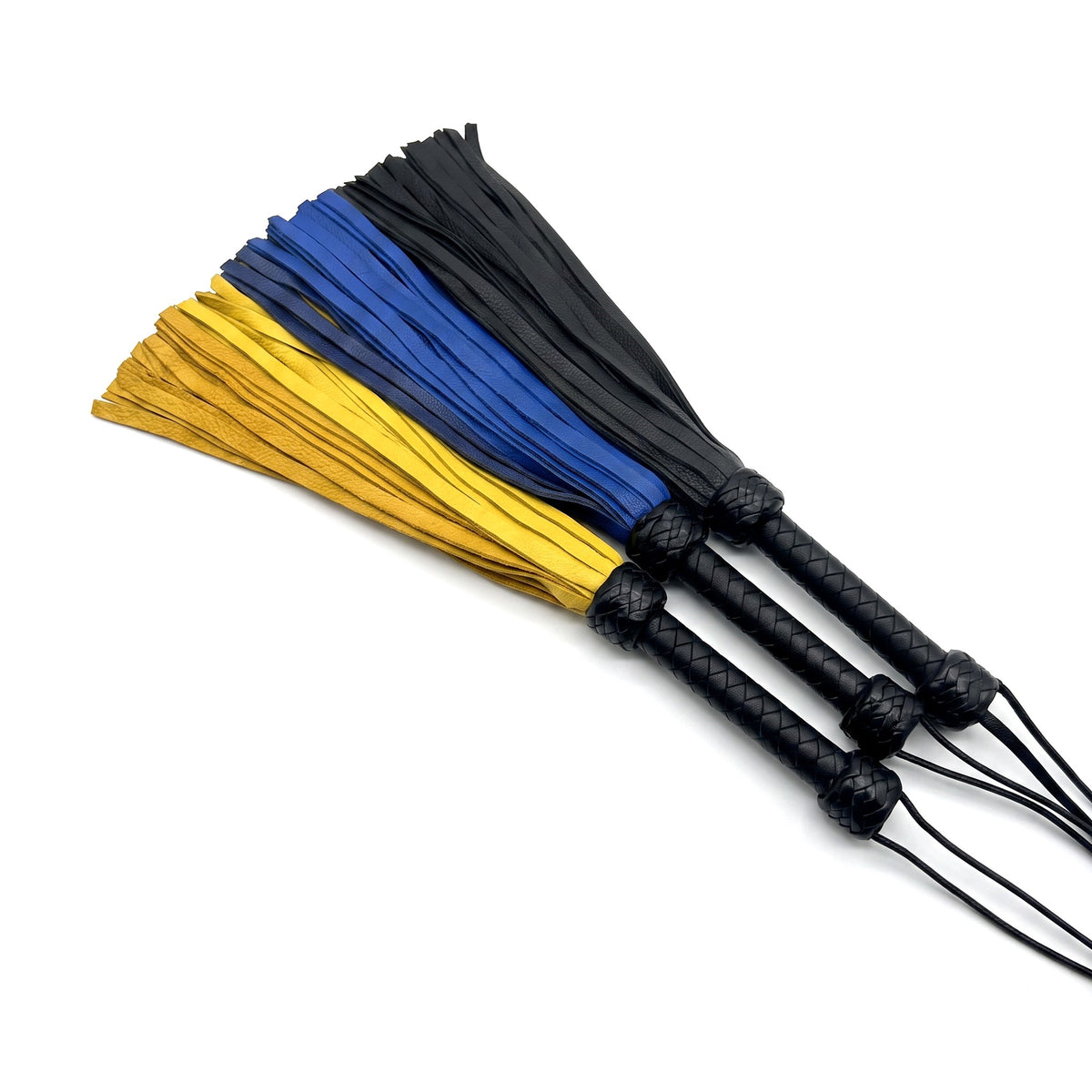 Double Color Leather Flogger with two-tone leather tails for controlled BDSM impact play, discipline, domination, and sensory exploration.