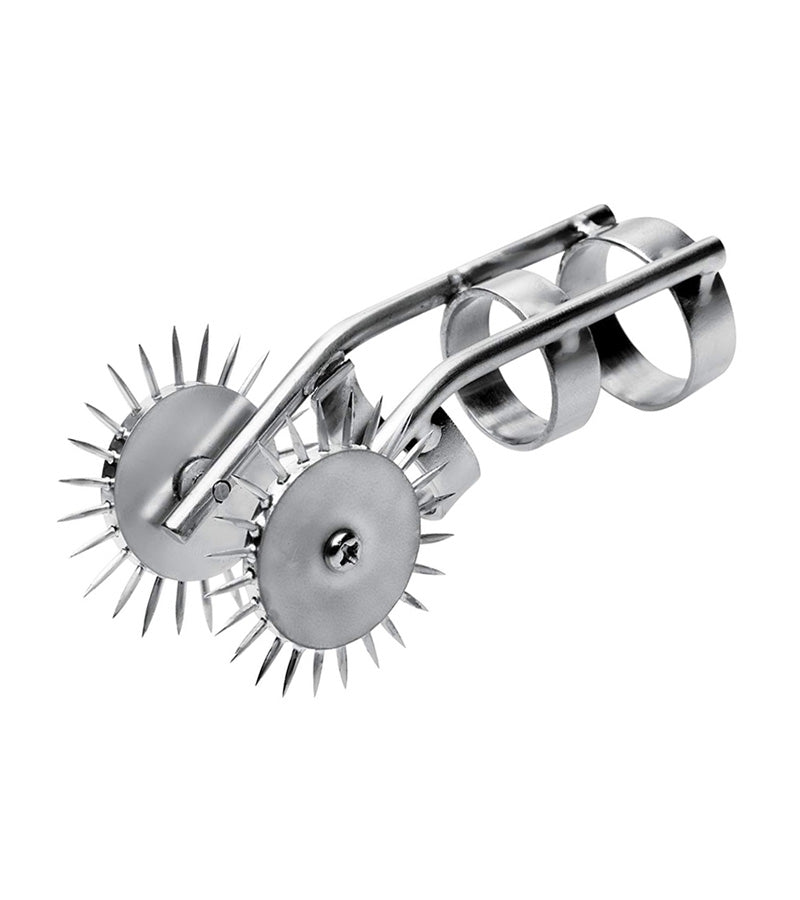 Finger Pinwheel Double with two rows of sharp spiked wheels on a finger ring handle