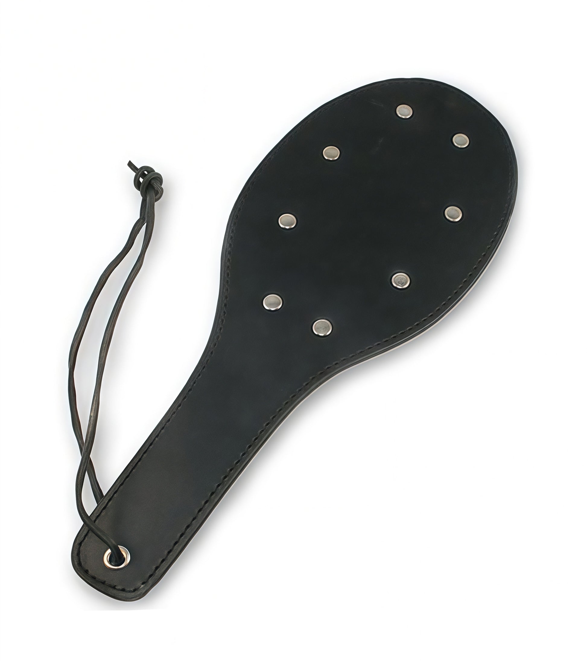 Oval Studded Leather Paddle with metal studs on black leather surface