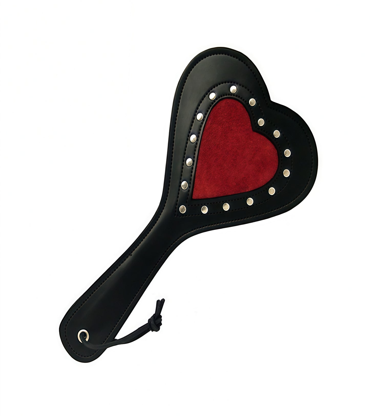 Red heart-shaped paddle with steel rivets, perfect for BDSM impact play and display