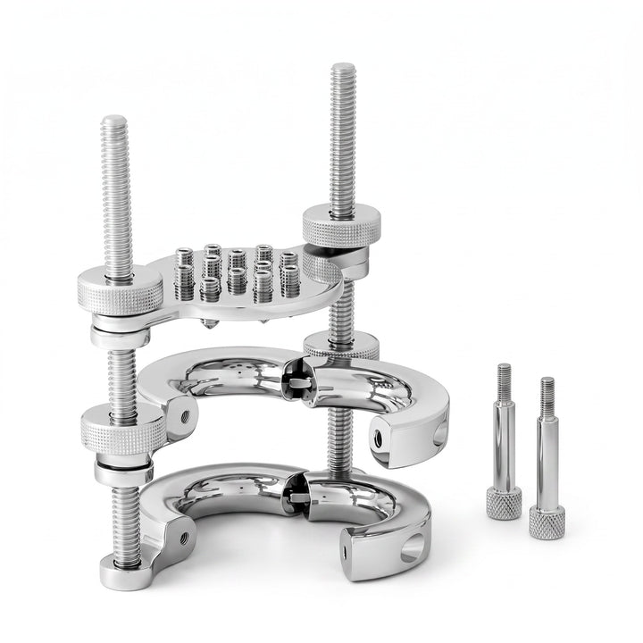 The CBT Ball Stretcher System with Spikes offers a high-quality, adjustable ball stretching solution. Made from durable Stainless Steel, this system incorporates hinged rings that open and close for easy application, secured with knurled nuts on threaded rods to slowly and powerfully separate the rings. 12 individually adjustable spikes enhance the experience, with a removable plate option to use the stretcher on its own. A key is included for adjustments, making it suitable for both beginners and professio