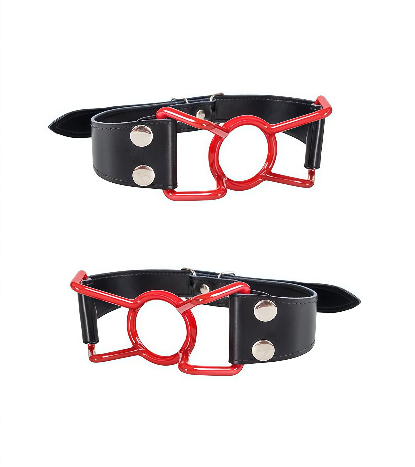 Spider gag with red PVC grip featuring      AISI 304 SURGICAL STEEL ring and black leather strap