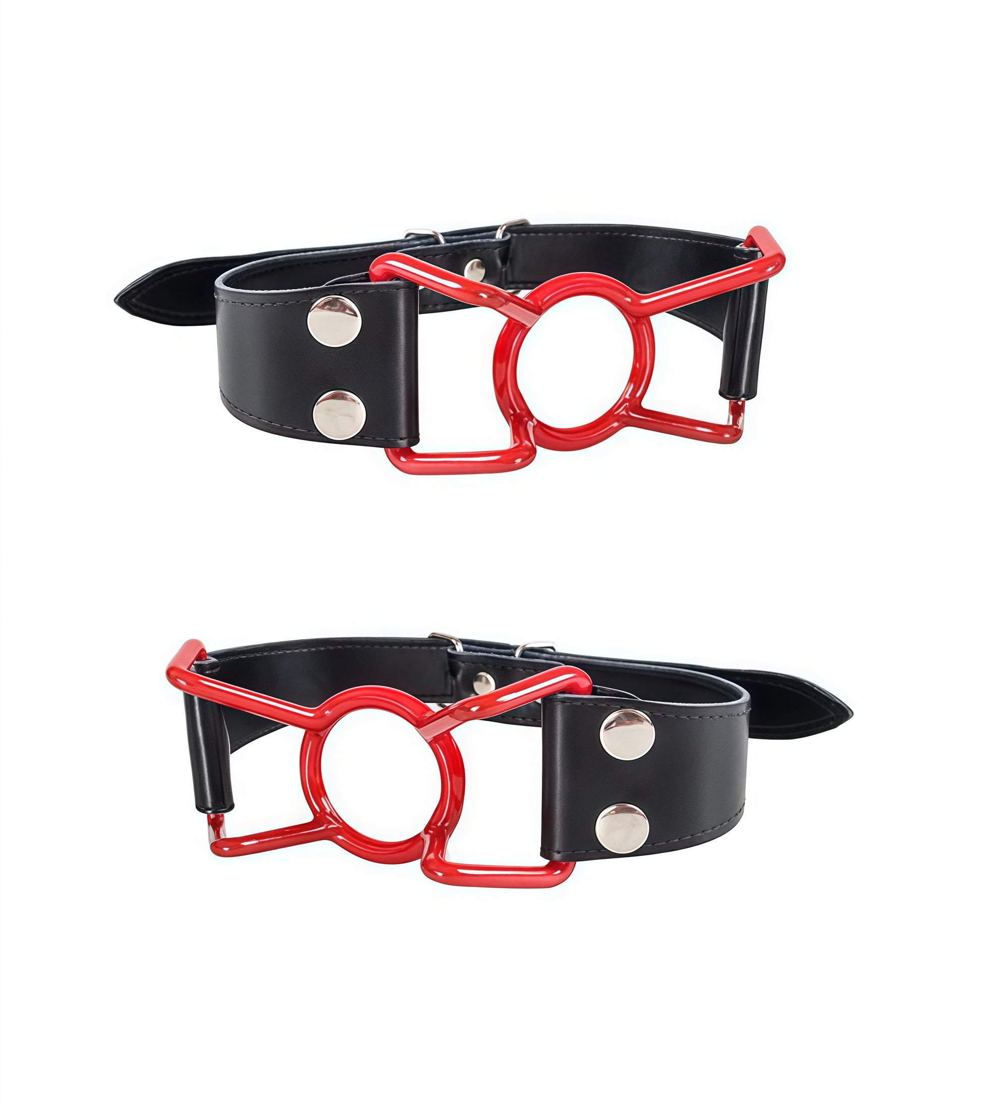 Spider gag with red PVC grip featuring      AISI 304 SURGICAL STEEL ring and black leather strap