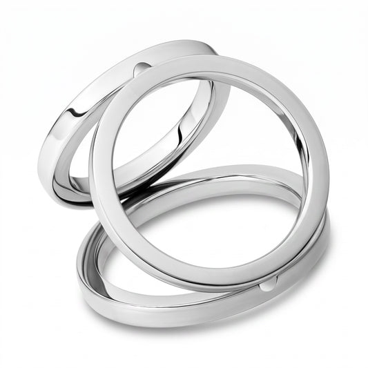 This premium Triple Cock Ring Flat features three interconnected rings of varying sizes designed to position the penis and testicles comfortably and securely. Made from polished AISI 304 SURGICAL STEEL, this handmade intimate piece combines durability with a sleek silver finish for a premium look and feel.
