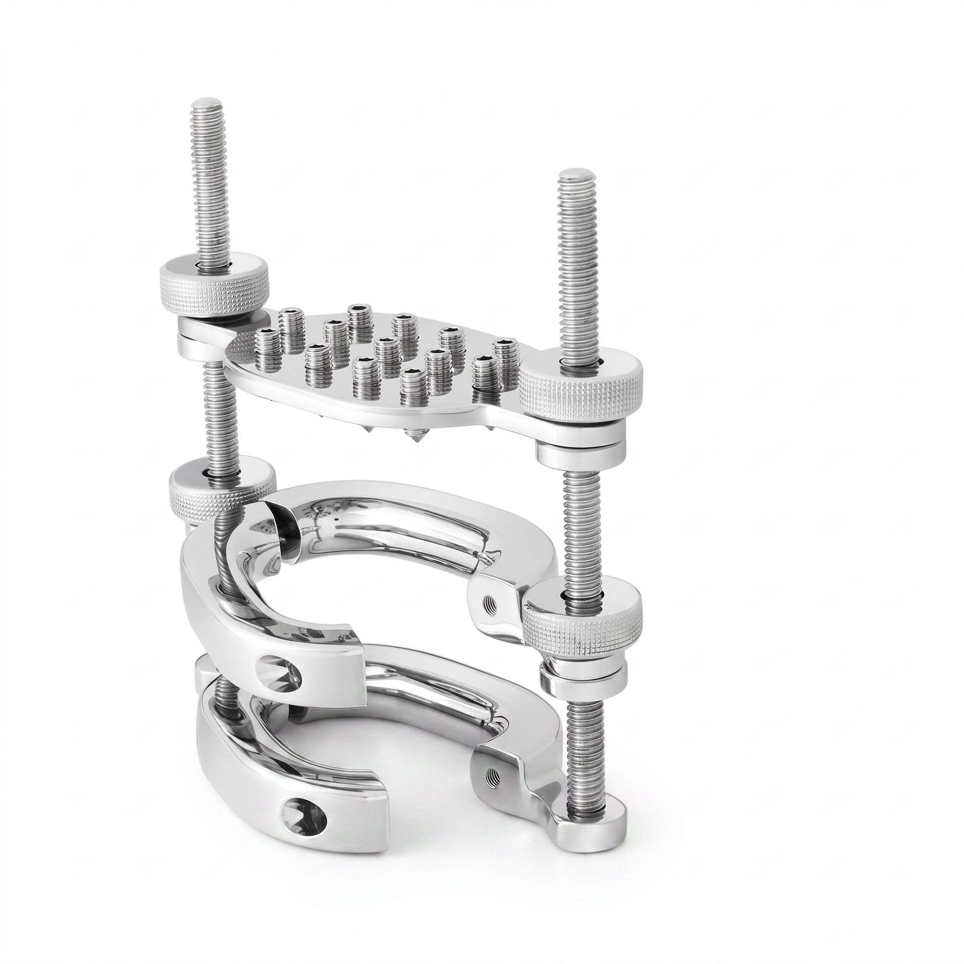 The new oval ball stretcher system is connected with a screw and a hinge on each side, making it easy to put on and adjust. Crafted from premium AISI 304 STAINLESS STEEL with a polished silver finish, it delivers durability and a comfortable fit. Stretching is possible up to 13 cm, with an inner dimension of 50 mm x 27 mm and a total height of 140 mm.