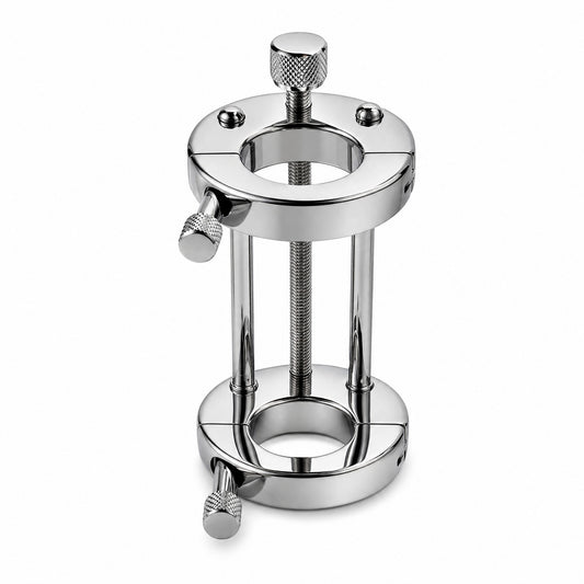 Discover new dimensions of sensuality and connection with the Ultimate Ball Stretcher. Crafted from premium Stainless Steel in a lustrous silver finish, this ball stretching stand offers two inner diameter options: 30 mm and 35 mm. With a unique hinged design and an adjustable threaded rod extending up to 120 mm, it delivers an intense, customizable experience. 