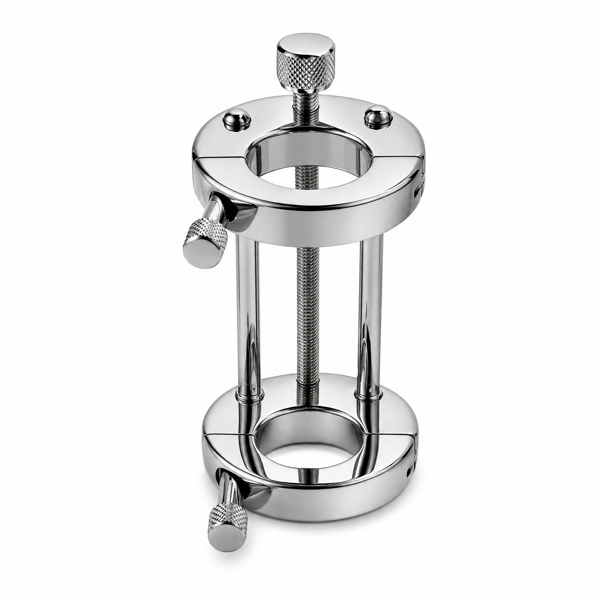 Discover new dimensions of sensuality and connection with the Ultimate Ball Stretcher. Crafted from premium AISI 304 SURGICAL STEEL in a lustrous silver finish, this ball stretching stand offers two inner diameter options: 30 mm and 35 mm. With a unique hinged design and an adjustable threaded rod extending up to 120 mm, it delivers an intense, customizable experience. 