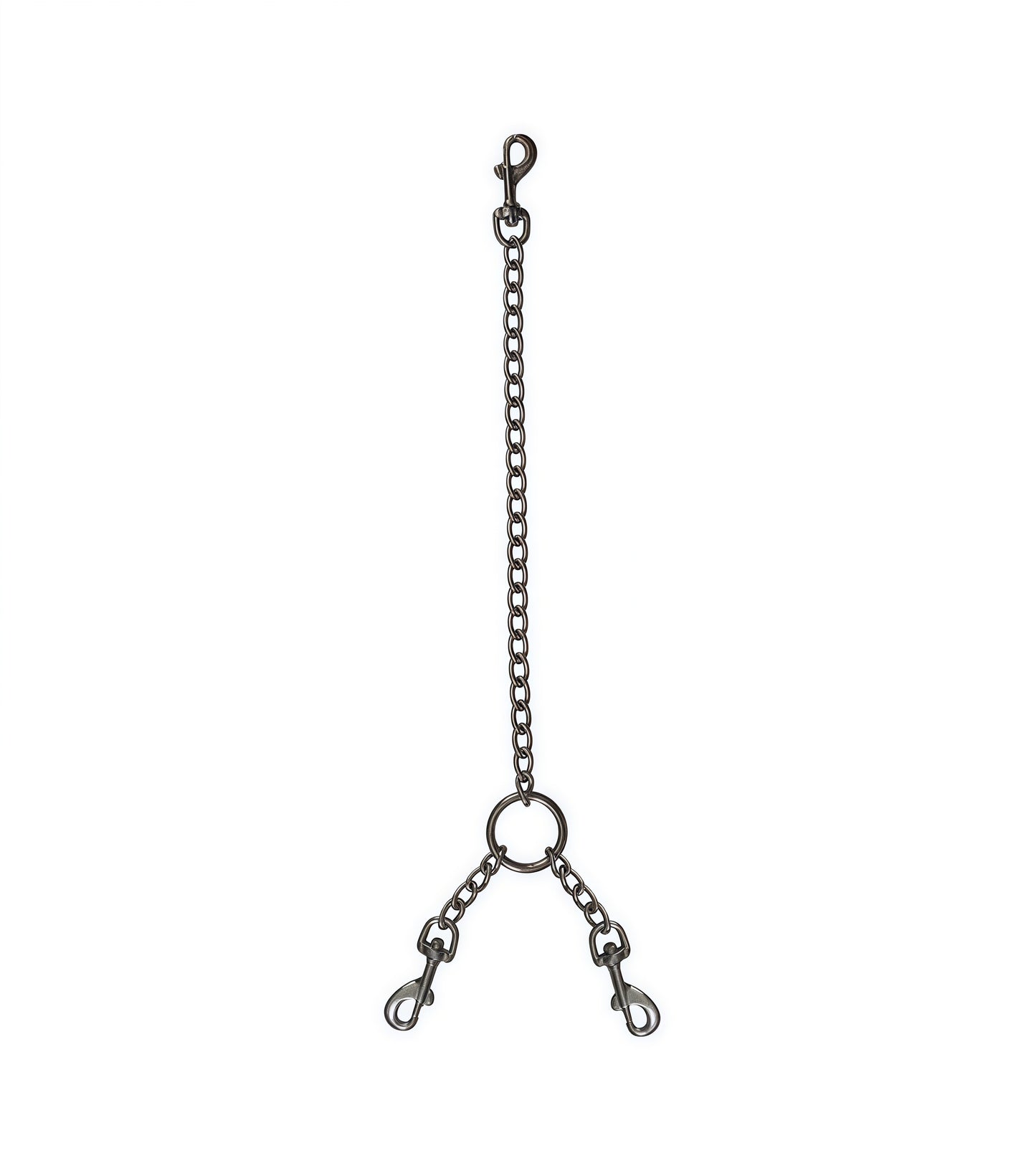 Y-Shaped Chain Hogtie restraint with black leather straps and polished     AISI 304 SURGICAL STEEL chain