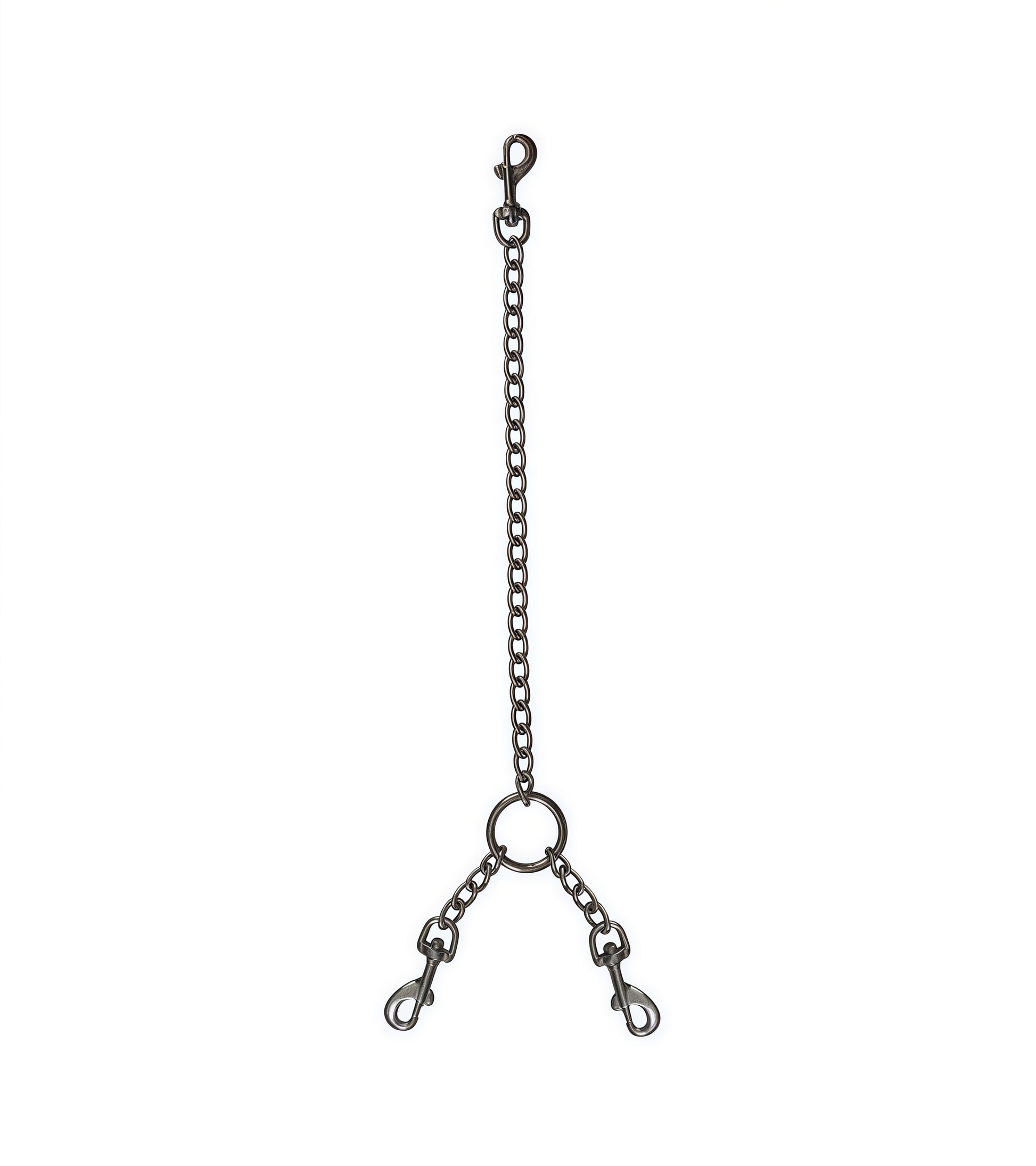 Y-Shaped Chain Hogtie restraint with black leather straps and polished     AISI 304 SURGICAL STEEL chain