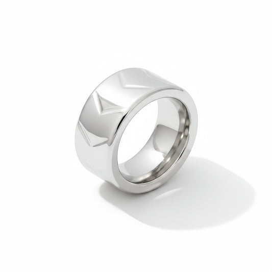 Perfectra Distribution engraved stainless steel wide band cock ring with polished finish.