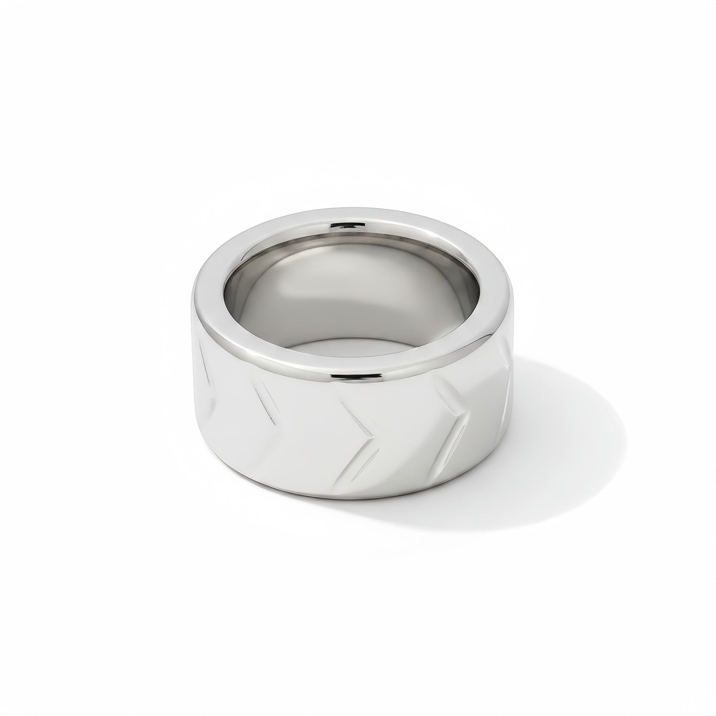 Perfectra Distribution engraved stainless steel wide band cock ring with a polished finish.